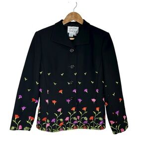 Vintage Teri Jon / Rickie Freeman Colorful Floral Embroider Black Lined Blazer 6